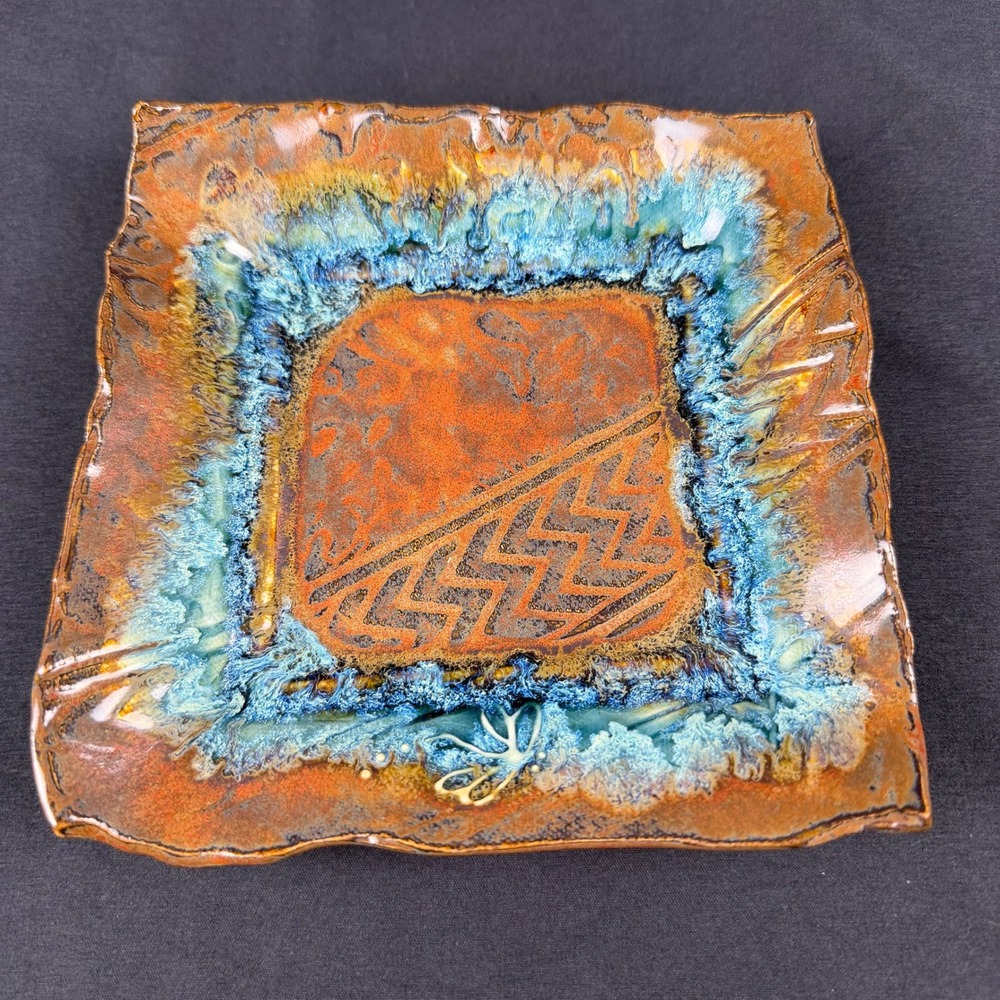 Doris Landrum Signed Studio Art Pottery Square Dish Copper Turquoise Glaze